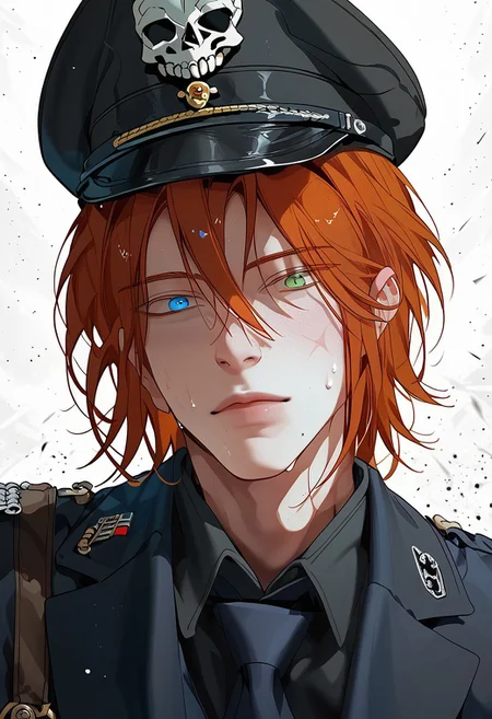 score_9, score_8_up, score_7_up, score_6_up, source_anime, 2d, 1boy, handsome boy, athletic body, manly boy, toned body, toned, male focus, solo, sweat, <lora:Chaos__Hero_Killer__Manhwa__webtoon:1>, Chaos, heterochromia, blue eye, green eye, auburn hair, medium hair, scars all over the body, closed lips, perface face, (perfect face, perfect eyes:1.2), looking at viewer, bishounen, toned male, solo, athletic build, large pectorals, abs, six pack, pecs, cute boy in his mid twenties, military background,  <lora:warden-ponyxl-lora-nochekaiser_r1:1>, skull hat ornament, uniform, military uniform, black uniform, hat, cap, black cap, armband, collared shirt, black necktie, hand behind back, straight posture, swastikas armband