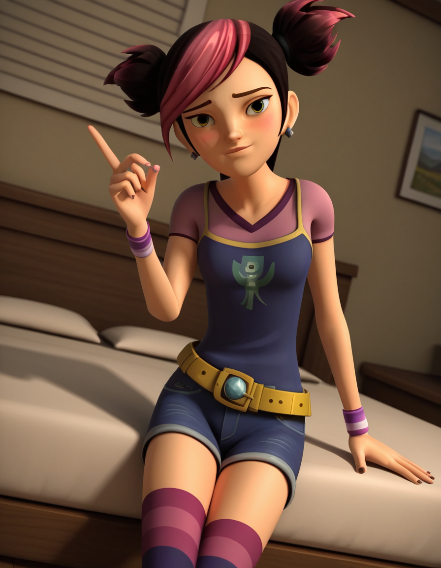 score_9, score_8_up, score_7_up, source_anime, <lora:miko-nakadai-cartoon-ponyxl-lora-nochekaiser:1>, miko nakadai, short hair, black hair, pink hair, multicolored hair, two-tone hair, twintails, streaked hair, 3d,, jewelry, earrings, wristband, camisole, shirt, short sleeves, striped, striped kneehighs, belt, shorts, denim,, indoors, bed, bed room, on side, blush, drunk, looking at viewer, solo,, cowboy shot, dutch angle