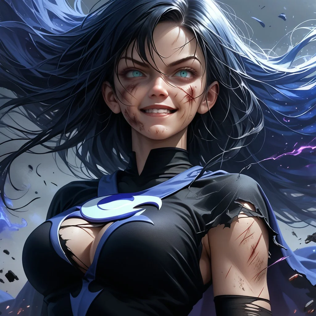 score_9, score_8_up, score_7_up, score_6_up, score_5_up, score_4_up, 1girl, nightmare moon, superhero, long hair, torn clothes, cuts and bruises, evil smile, wind blowing hair, dark blue energy, large breasts, skinny,