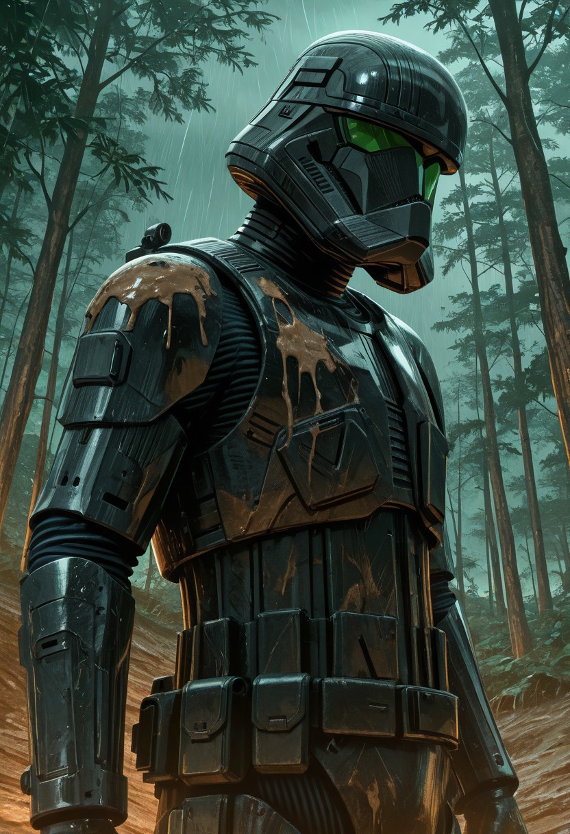 detailed background, cowboy shot, solo, 1boy, SithTrooper, dark black armor, holding dark black helmet, green visor, Star Wars forest scenery, storm, at night, mud on armor, detailed scenery, masterpiece, best quality, very aesthetic, newest, masterpiece, best quality, amazing quality, very aesthetic, absurdres, newest,, high res, ultra detailed, best quality, best artwork, 4k, ultra quality, perfect face, absurdres,masterpiece,best quality,amazing