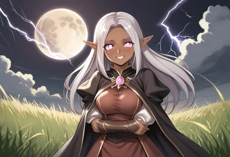 SUP3RG3TTh1, 1woman, dark_elf, glowing eyes, black_sclera, white_pupils, magic, ethereal, (dark fantasy), full moon, grassy field, clouds, lightning, fully clothed, uru5h1h4r4, blushing, embarrassed, smile,