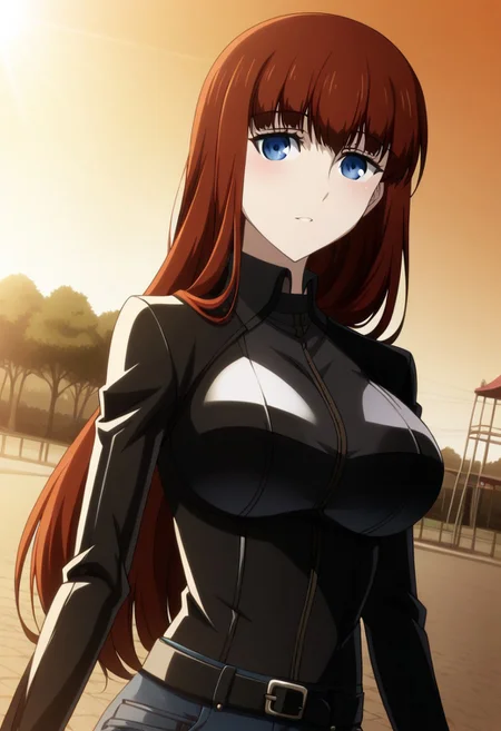 Ultra-high-detailed Anime illustration of Kagari Shiina. The artwork features Kagari in a solo, face focus, upper body, standing position with a outdoors, street background. She is depicted with intricate details showcasing her big_breasts, natural_breasts. She is a white skinned, 22 years old woman. Kagari is looking_at_viewer with perfect_eyes, Her pupils are highly detailed. The eyes are open. blue eyes. Kagari's eyes are highlighted. Highlighted eyevrows. She has long_hair, red_hair styled in floating_hair, shiny_hair and bangs. She is wearing a  motorcycle suit, black_motorcycle suit, full body motorcycle suit with black gloves, black belt and black shoes. The artistic style is intricate_details_xl with a focus on Anime art. The color palette emphasizes red and black with detailed strokes to bring out the character's features. The lighting creates dramatic shadows and highlights, adding depth to the artwork. The perspective is from a face focus, dutch angle to enhance the impact of the character's expression. This masterpiece is a true portrayal of Kagari's complex personality and will captivate any fan of Kagari.