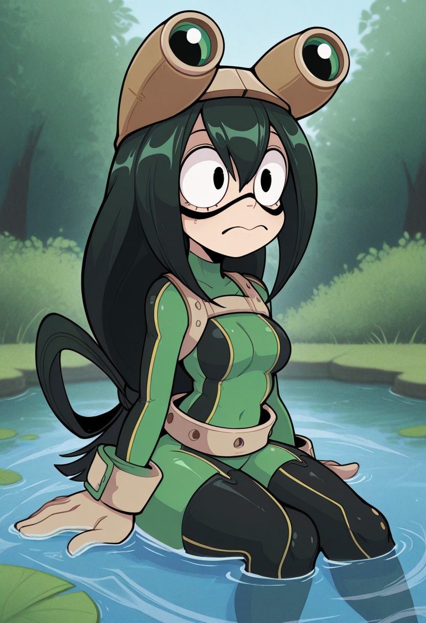 p4n1c3dstyle,   masterpiece, best quality, solo,                                                                                                           Tsuyu Asui,  textured, sitting in water, water pond,  sultry, big eyes, black hair, GREEN BODYSUIT, GOGGLES, small breasts,ird, wide eyes,
