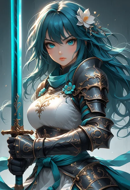 hkstyle FFROA, A knight holding her sword, anime, Cyan teal black white, beautiful face, anime, martial arts sword pose