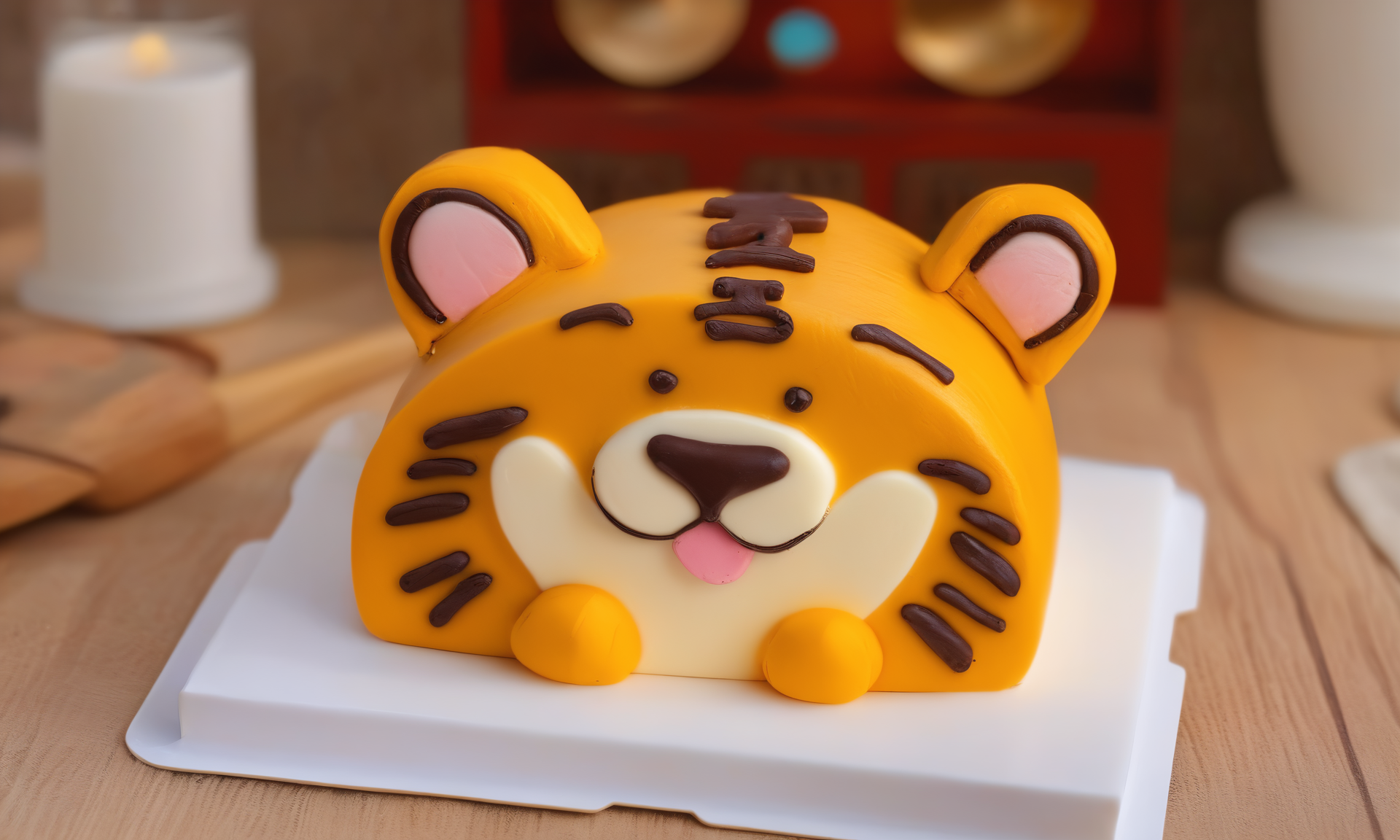gourmet food photo of <lora:cakecd_xl-000005:0.8>,a single tiered cakecd_xl shaped like a tiger-chibi was placed on the table,simple background,fine art,detailed,indoors,chinese zodiac,tilt-shift,miniature,cute and lovely,still life,from front,looking at viewer,no humans . soft natural lighting,macro details,vibrant colors,fresh ingredients,glistening textures,bokeh background,styled plating,wooden tabletop,garnished,tantalizing,editorial quality,8K,HDR,UHD,masterpiece,best quality,highly detailed,high resolution,finely detail,extremely detailed,ultra detailed,wallpaper