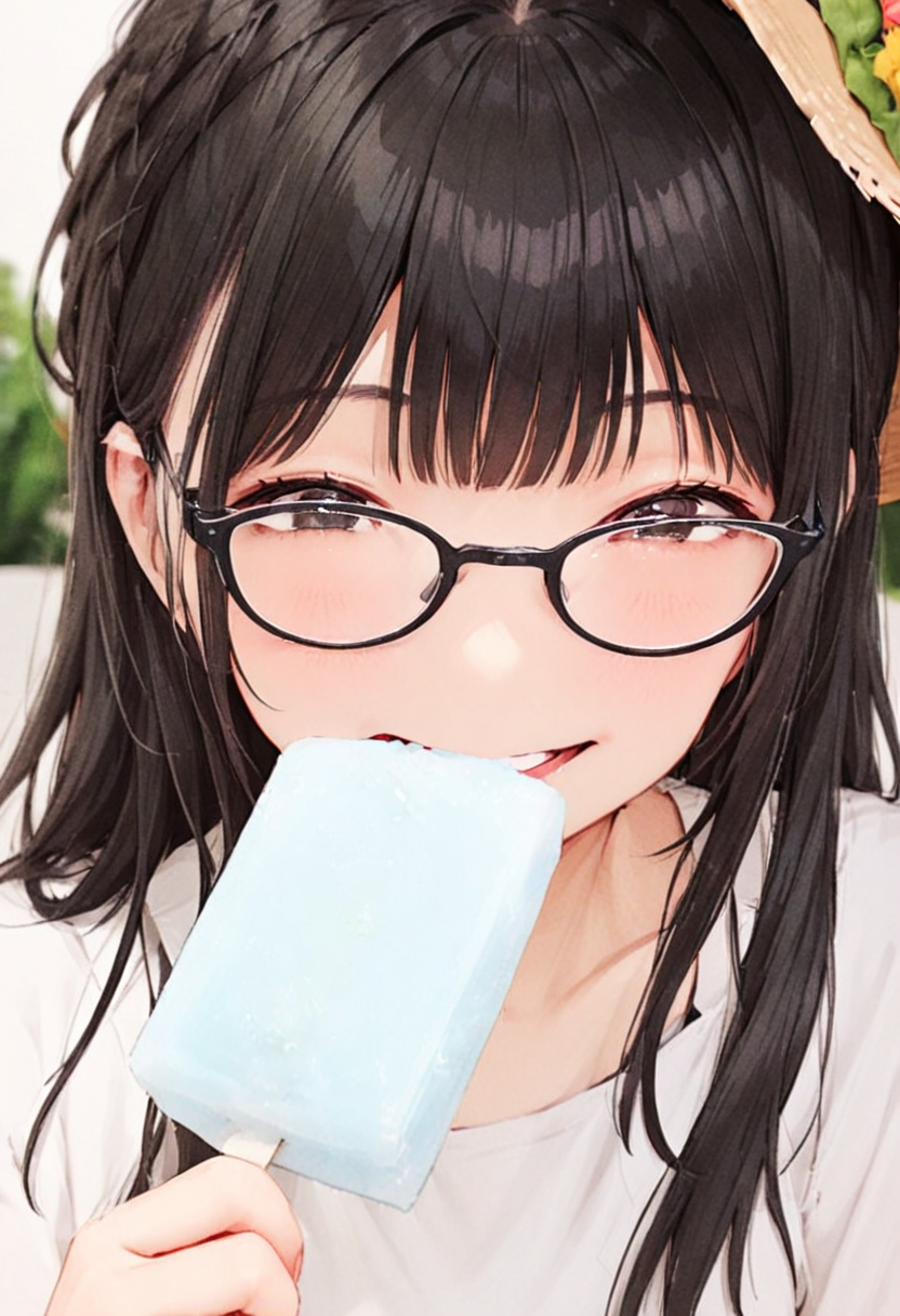 masterpiece, best quality, very aesthetic, absurdres,
garigarikun, 1girl, solo, glasses, straw hat, sundress, black hair, long hair, holding food, holding, happy, smile, food, eating, upper body, blurry background, 
 <lora:garigarikun_SDXL_V1:1>