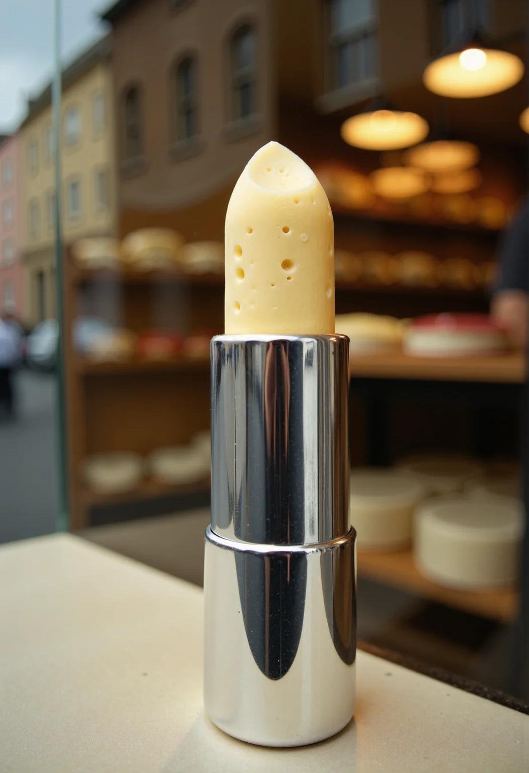 A close-up of a yellow lipstick made from cheese in a silver case displayed in a shop window. <lora:Hyper-FLUX.1-dev-16steps-lora:0.15> <lora:Challenge_Winnifier_ENTERPRISE_EDITION_epoch_5:0> <lora:Made_from_Cheese_Flux:1>