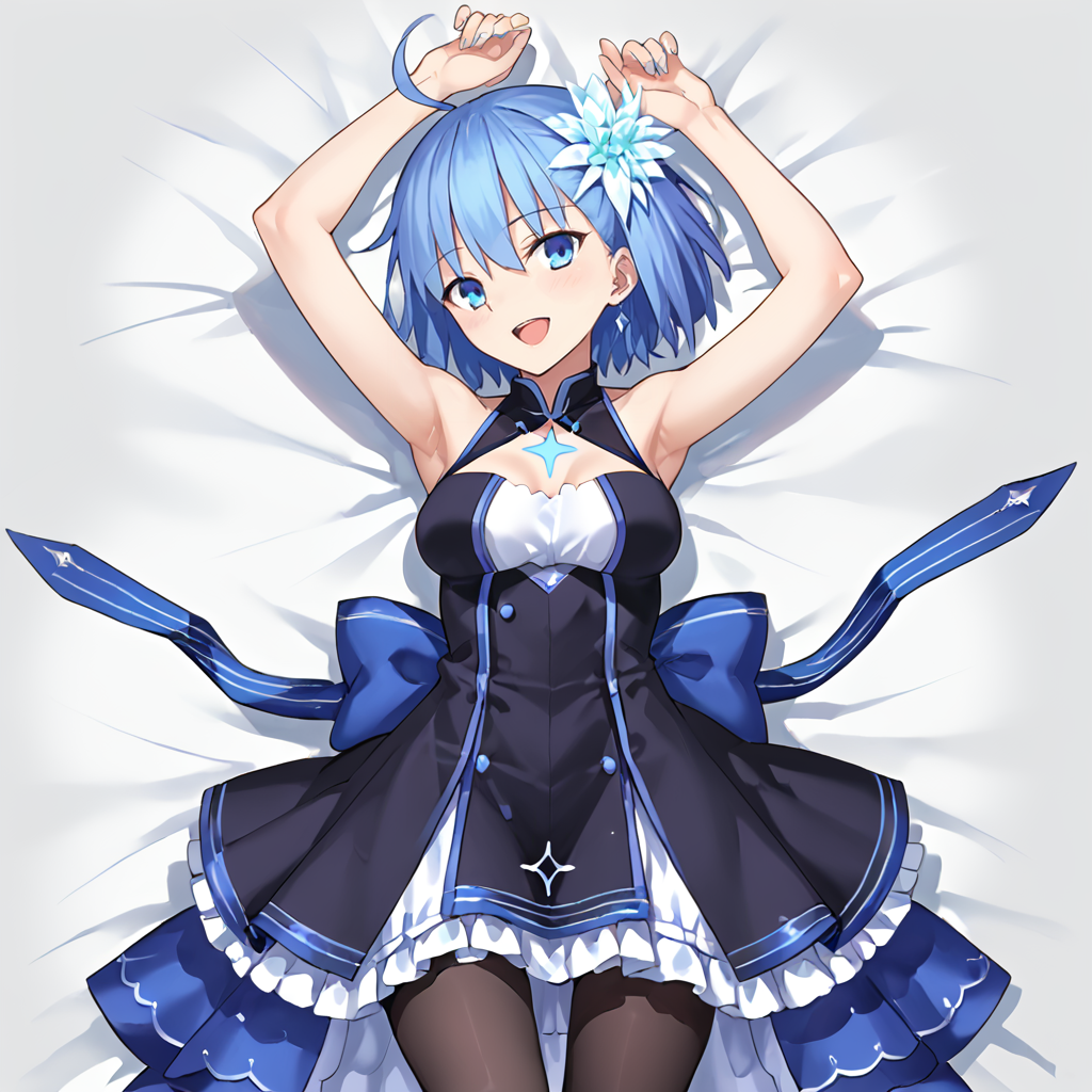 1girl, solo, space_ciel, ahoge, blue eyes, short hair, light blue hair, chest mark, dress, hair ornament, pantyhose, bare shoulders, (lying:1.1), (on back:1.1), (on bed:1.1), arms up, pov, sleeveless, open mouth, seductive smile, 
BREAK score_9, score_8_up, score_7_up, masterpiece,
 <lora:ciel_summer_fgo:0.8>