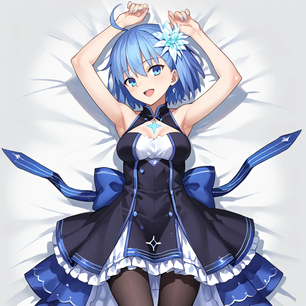 1girl, solo, space_ciel, ahoge, blue eyes, short hair, light blue hair, chest mark, dress, hair ornament, pantyhose, bare shoulders, (lying:1.1), (on back:1.1), (on bed:1.1), arms up, pov, sleeveless, open mouth, seductive smile,
BREAK score_9, score_8_up, score_7_up, masterpiece,
<lora:ciel_summer_fgo:0.8>
