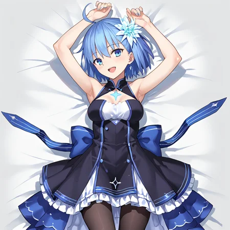 1girl, solo, space_ciel, ahoge, blue eyes, short hair, light blue hair, chest mark, dress, hair ornament, pantyhose, bare shoulders, (lying:1.1), (on back:1.1), (on bed:1.1), arms up, pov, sleeveless, open mouth, seductive smile,
BREAK score_9, score_8_up, score_7_up, masterpiece,
<lora:ciel_summer_fgo:0.8>