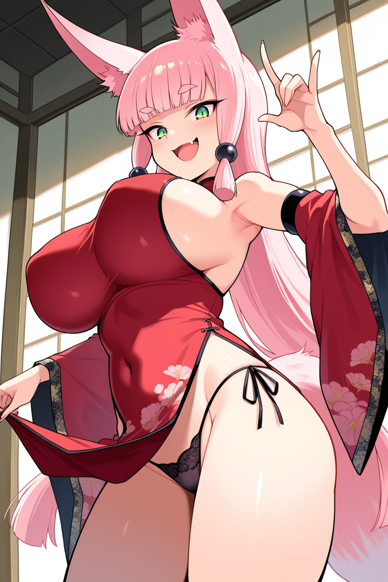 masterpiece , source_anime, breasts, animal ears, 1girl, solo, , long hair, tail, , blunt bangs, , green eyes, armpits, bangs, detached sleeves, panties, fox ears,, , fox tail, , large breasts, pink hair, side-tie panties, , wide sleeves, fang, very long hair, smile, open mouth, red dress
