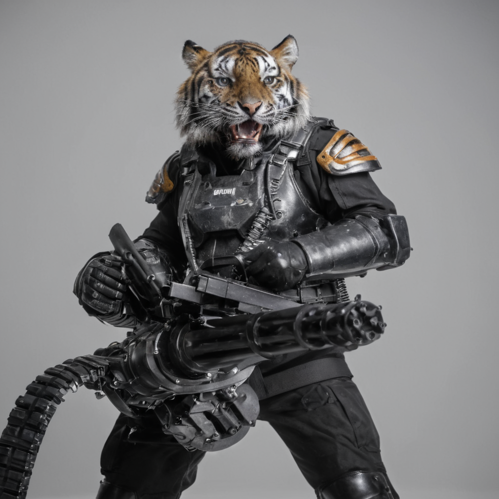 cinematic film still of  <lora:Handheld M134 Minigun:0.8>
Handheld M134 Minigun a tiger in a big armor costume holding a Handheld M134 Minigun,Handheld M134 Minigun style,solo,gloves,white background,holding,standing,full body,weapon,boots,holding weapon,armor,gun,military,no humans,holding gun,knee pads,gatling gun
, shallow depth of field, vignette, highly detailed, high budget, bokeh, cinemascope, moody, epic, gorgeous, film grain, grainy