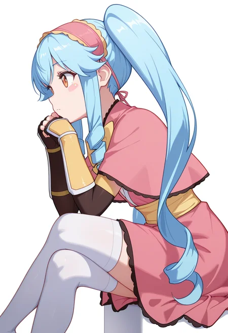 masterpiece,high quality details, absurdres,
sitting cross-legged, elbows on knees, chin resting on hands, torso forward, bare feet visible ,
<lora:Michiru_Kusagakure:0.8>
michiru_cnr, 1girl, blue hair, long hair, twintails, drill hair, sidelocks, orange eyes, blush stickers,
long dress, pink capelet,fingerless gloves, elbow gloves, white thighhighs, hairband, yellow bow,yelow armlet, ninja,, uwu,, simple background, white background, from side,solo,