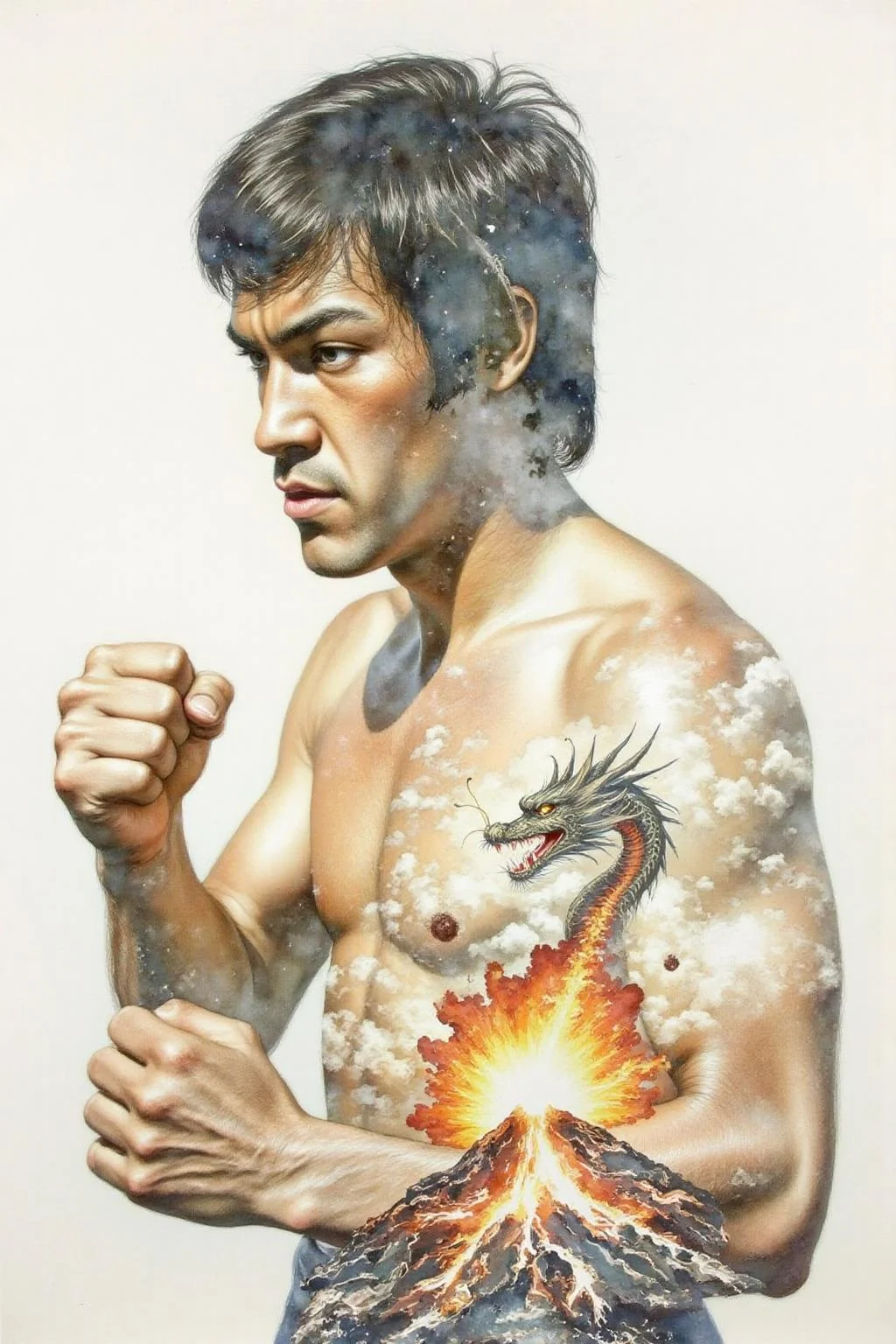 Portrait painting, Bruce Lee, shirtless, is shown in side profile and punching with his fist. His face and body is blended seamless with a Chinese Dragon flying over a volcanic eruption. <lora:doubleexpopainting1_cap_d6a3e13:1.0><lora:850320557919437921:0>