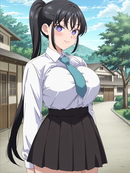 anime coloring, anime screencap, masterpiece, best quality, amazing quality,
outside, trees, house,
 <lora:Aoi_and_Yuko_Nikuen:1>
Aoi uniform outfit, Aoi (character), 1girl, solo, black hair, skirt, long hair, necktie, purple eyes, breasts, mole under mouth, large breasts, shirt, school uniform, ponytail, mole, pleated skirt, looking at the viewer, smile, cowboy shot