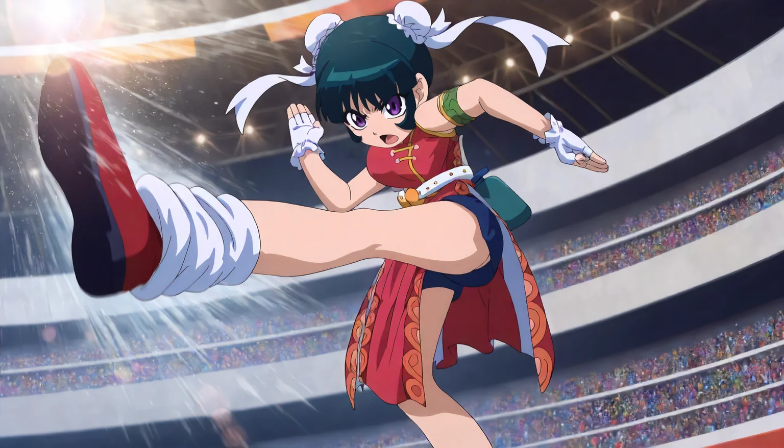 <lora:MFB_meimeiXLIllustrious002>,
masterpiece,best quality,good quality,newest,
outdoors,arena,glitter,lens_flare,
serious,open mouth,
looking at viewer,
solo,
meimei,1girl,green hair,double bun,bun cover,hair ribbon,purple eyes,
red china dress,sleeveless,arm band,
white belt,
pelvic_curtain,shorts under dress,blue shorts,
fingerless gloves,white gloves,
loose_socks,
red shoes,
standing,fighting_stance,motion_blur,speed_lines,high_kick,