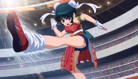 <lora:MFB_meimeiXLIllustrious002>,
masterpiece,best quality,good quality,newest,
outdoors,arena,glitter,lens_flare,
serious,open mouth,
looking at viewer,
solo,
meimei,1girl,green hair,double bun,bun cover,hair ribbon,purple eyes,
red china dress,sleeveless,arm band,
white belt,
pelvic_curtain,shorts under dress,blue shorts,
fingerless gloves,white gloves,
loose_socks,
red shoes,
standing,fighting_stance,motion_blur,speed_lines,high_kick,
