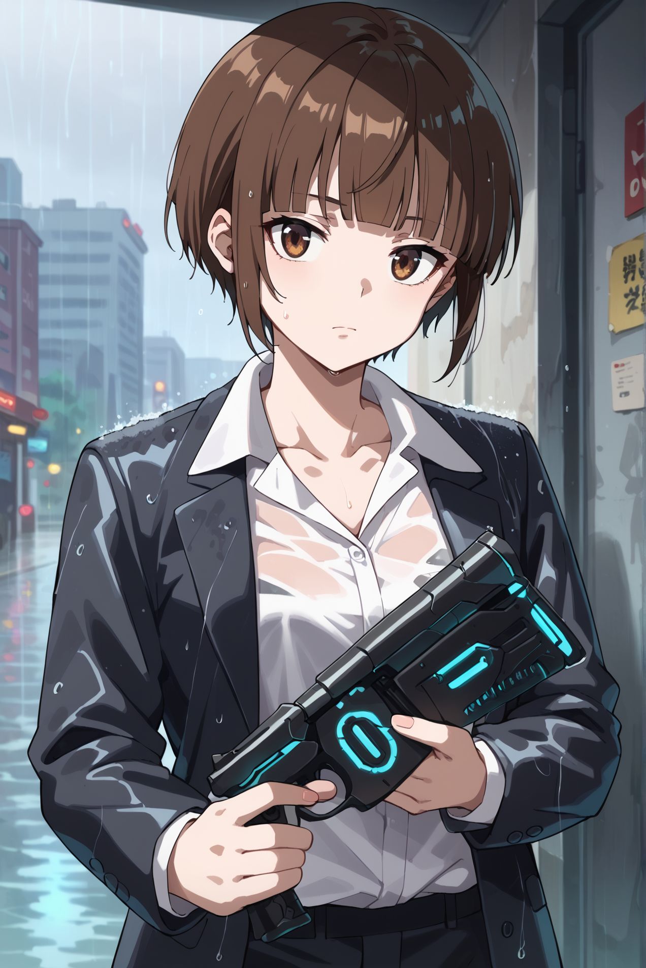 score_9,score_8_up,score_7_up,masterpiece, best quality, <lora:WHM 0.2v:0.5>, WHM, 2D,anime,  
<lora:HandFixer_pdxl_Incrs_v1:0.5>,   
Dominator, 
 holding gun, black weapon,
<lora:Dominator_Psycho_Pass_Pony_XL:0.8>
tsunemori akane, 1girl, looking at viewer, closed mouth, short hair, shirt, brown hair, brown eyes,collarbone, white shirt,  blunt bangs, formal, suit, rain <lora:Akane_Tsunemori__Psycho-Pass:0.7>  suit jacket,