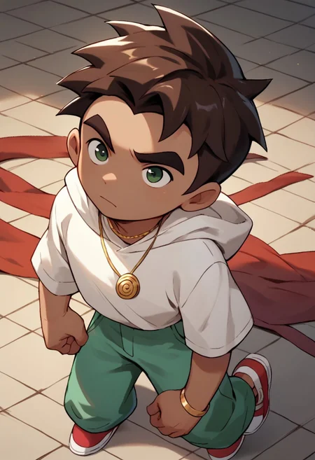 score_9, score_8_up, score_7_up, Raimundo, cartoon style, 1boy, dark brown hair, dark green eyes, tan skin, gold spiral circle necklace, white hoodie, green pants, red white shoes,