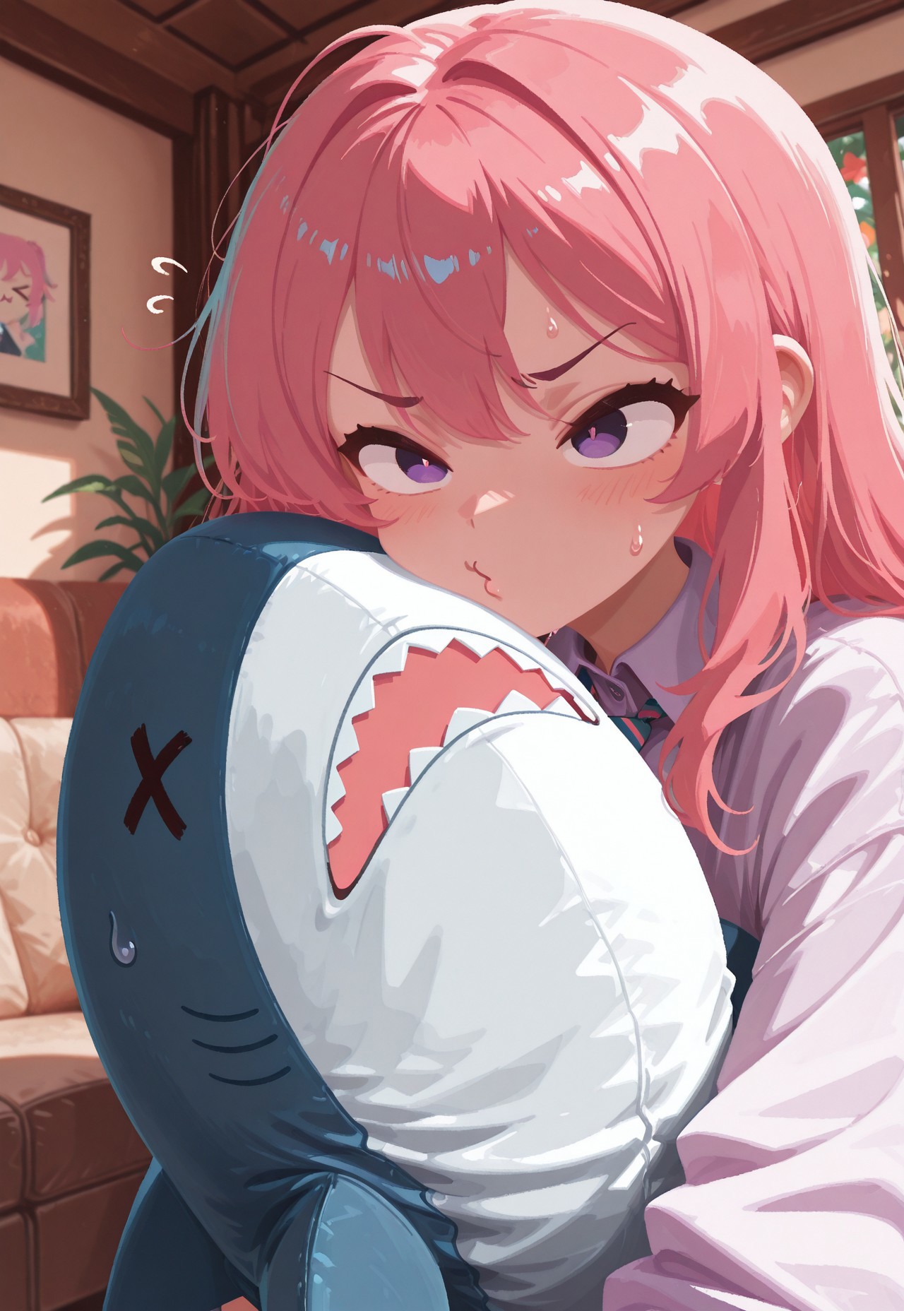 solo,
living room, holding ikea shark, o3o, imminent kiss, >_<. comedic sweatdrop,
colorful_necktie, CivChan, purple eyes, pink hair,
t4kar4i_illu, no_outlines, no lineart,
masterpiece, best quality, absurdres, [dynamic pose]