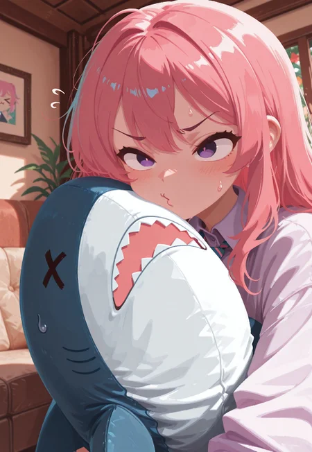 solo,
living room, holding ikea shark, o3o, imminent kiss, >_<. comedic sweatdrop,
colorful_necktie, CivChan, purple eyes, pink hair,
t4kar4i_illu, no_outlines, no lineart,
masterpiece, best quality, absurdres, [dynamic pose]