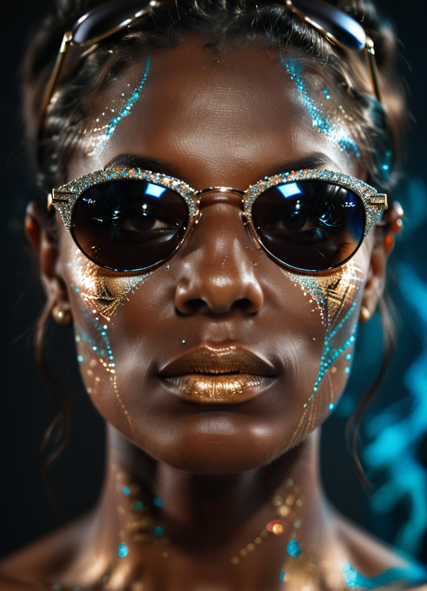 score_9, score_8_up, score_7_up, score_6_up, score_5_up,
woman,  portrait, glitterstyle, sunglasses, dark background, dark skin,
abstract backgound, dynamic pose, masterpiece, best quality, sharp_details,
<lora:GlitterStyle_pony:0.8>