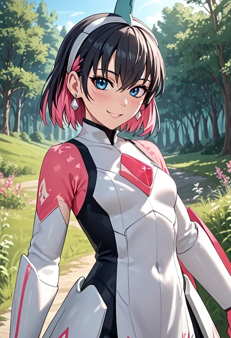 score_4,score_5,score_6,score_7_up,score_8_up,score_9 ((masterpiece,best quality,ultra detailed,highres,HD,4k:1.2)),
1 girl,solo,face focus,
((ironvaliantsv,human girl,)),
short hair,black hair,multicolored hair,Inner color pink hair,blue eyes,tattoo,black head gear,earrings,small breast,
outdoors,in the forest,day,
standing,
smile,.blush,light smile,