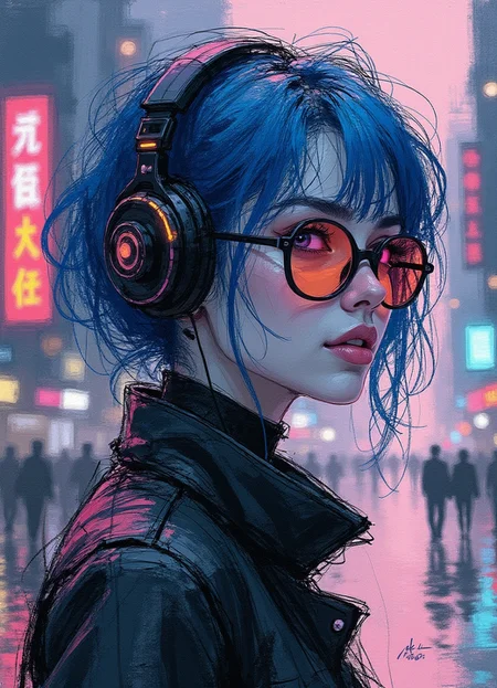 <lora:ck-charcoal-drawing-000014:1>, sketch in the style of ck-ccd, featuring a cyberpunk girl, she is wearing cybernetic enhancements, blue hair. The background is in a scifi style color palette and showing a cityscape at night.
