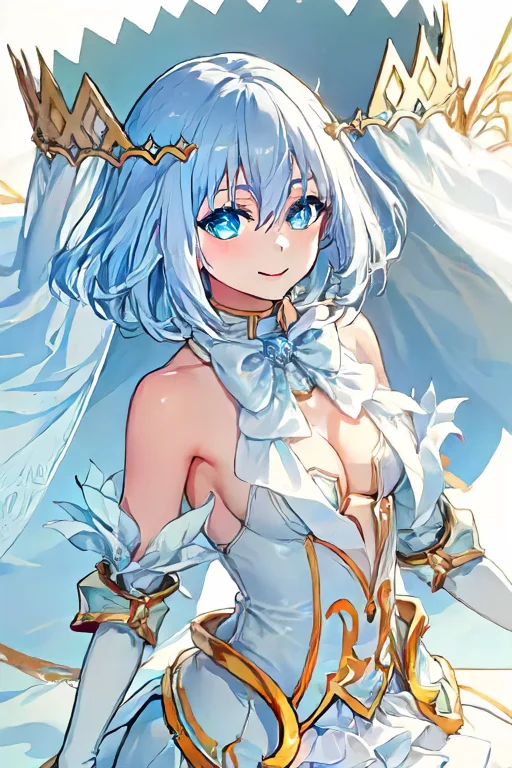 <lora:tobiichi_origami_angel-000004:0.8> , tobiichi origami angel, 1girl, solo, white hair, short hair, bangs, hair between eyes, bare shoulders, blue eyes. small breasts, center opening cleavage, crown, detached sleeves, elbow gloves, looking at viewer, smile, white bow, white bowtie, white dress, white gloves, white veil