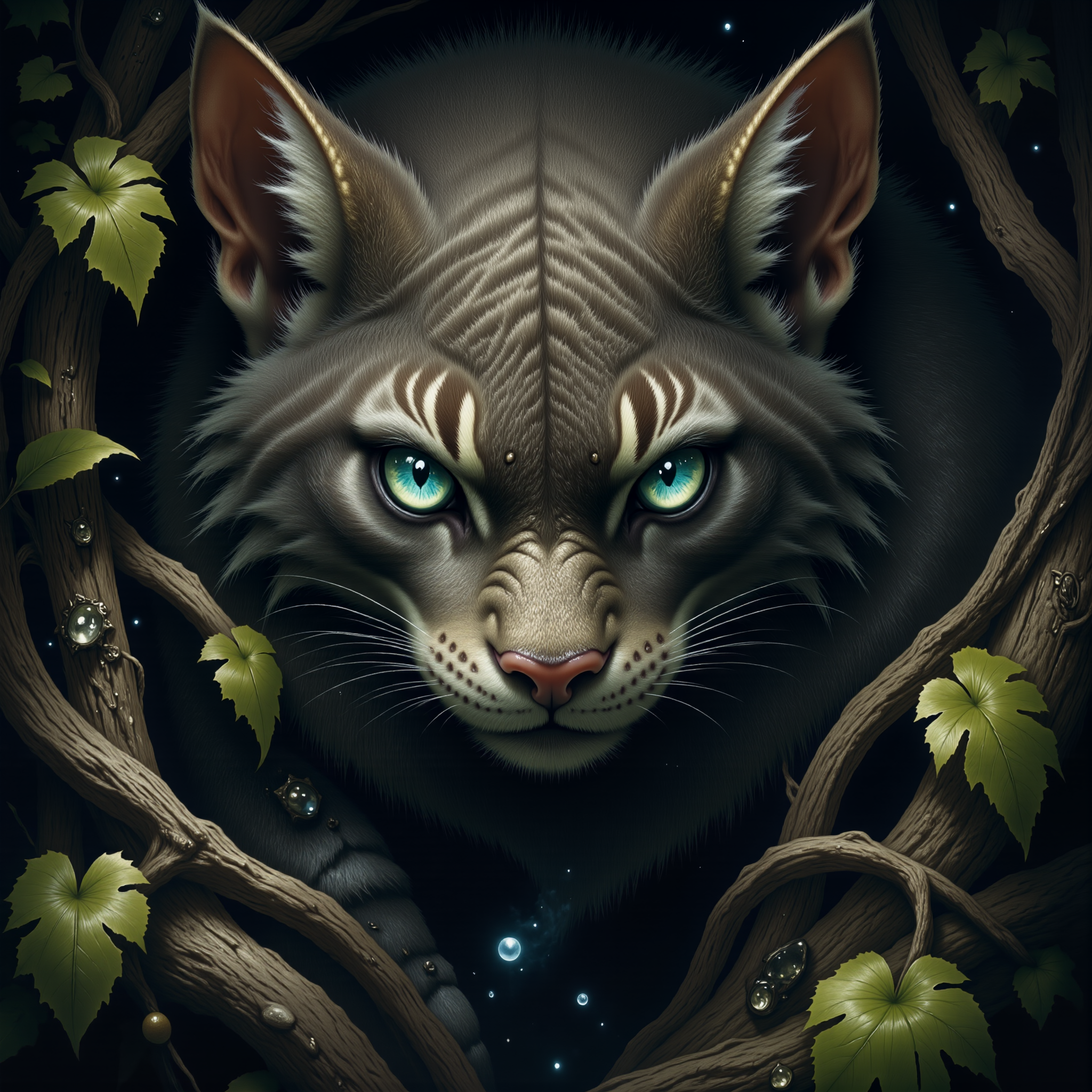highly detailed, intricate, detailed background, famous artwork inspired by (william turner:1.2) and (matt cavotta:1.4) and (jae cheol park:1.4), (detailed glowing eyes:1.3), dark background, famous for its (silky shiny fur:1.3) is the (mind-bending and enigmatic predator:1.2) known as "keen-eyed thvardzovti", it is a jungle-dwelling beast, its inflornicated (expressive eyes are gleaming:1.3) with intelligence as it swayls for the perfect moment to strike, while hiding in the mancfrubbled shadows of the primordial planet "shnupfelhome ii", golden ratio, in the style of ck-ovf, amanoer, arsmjstyle, dnddarkestfantasy, aidmamj6.1, 
<lora:style-oneviolentfantasy-ep21-flux-by_chronoknight:0.68> 
<lora:style-yoshitaka_amano-elden_ring-flux-by_alicient:0.36> 
<lora:style-dnd_dark_fantasy-flux-by_arsmachina:0.76> 
<lora:midjourney_61-v0.4-flux-by_aidma:0.68> 
<lora:faetastic_details-flux-by_faeia:0.44>