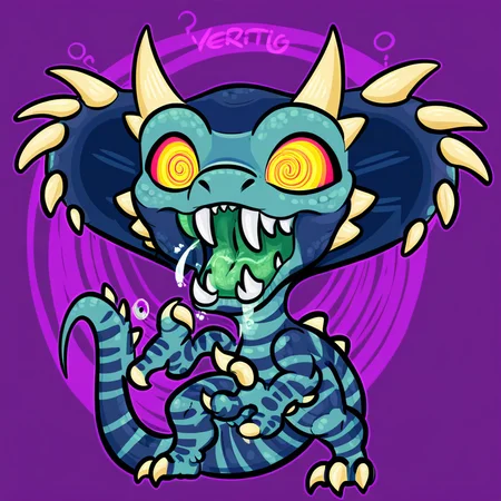 Vertigo, chibi, dinosaur, cobra, horns, claws, spikes, open mouth, fangs, yellow eyes, scaled body, purple background, face closeup, hypnosis eyes, green saliva