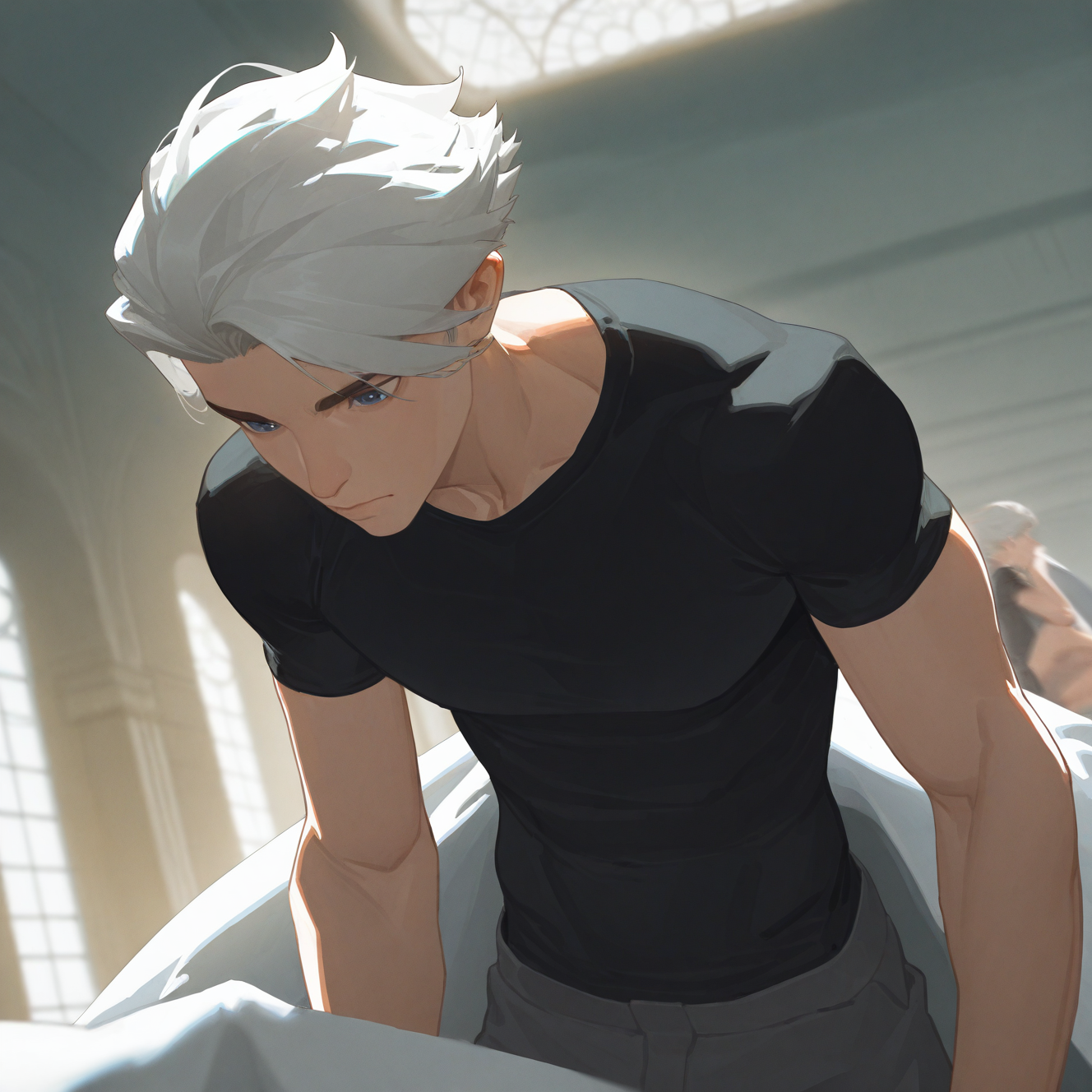 <lora:NICE:1>mr_nice, 1girl, solo, short hair, shirt, 1boy, closed mouth, upper body, white hair, grey hair, male focus, short sleeves, solo focus, indoors, blurry, dark blue eyes, black shirt, depth of field, t-shirt, realistic, blanket, shorts, detailed background, motion blur, film grain, abstract, natural lighting, fantasy, cinematic, dynamic view, tilted angle, very awa, masterpiece, best quality, absurdres, newest, perfect quality, detailed background, intricate details,  (artist:fl \(l-fl\):0.7), (artist:tooboshoo:0.7), (artist:dizdoodz:0.8)