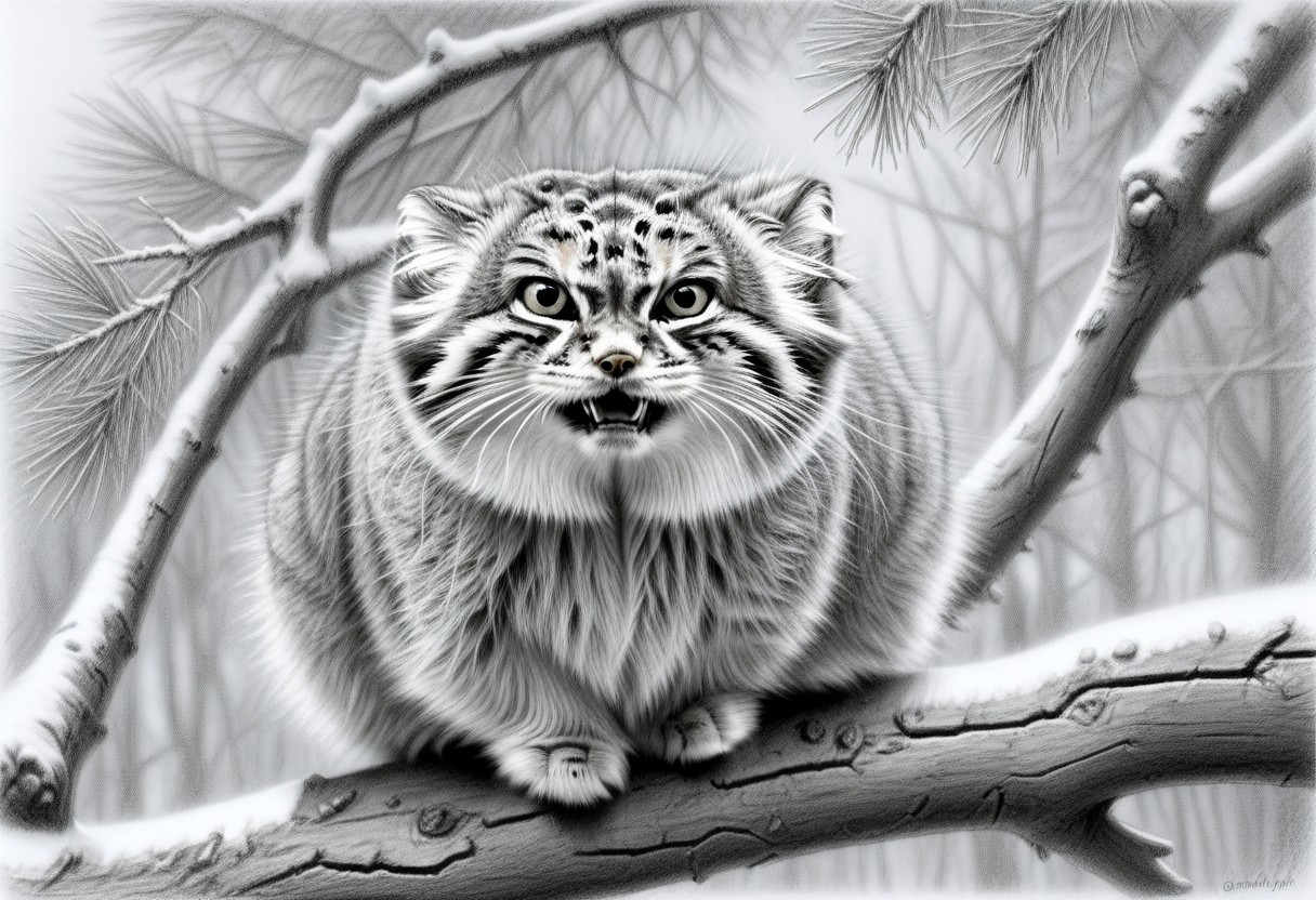 extreme closeup of an happy manul on a branch, Otocolobus manul, looking at viewer, happy, mouth open, background of pines and fir, dead bush, few snowy rocks, snow, light snowfall, tree trunks, Jed-Pen