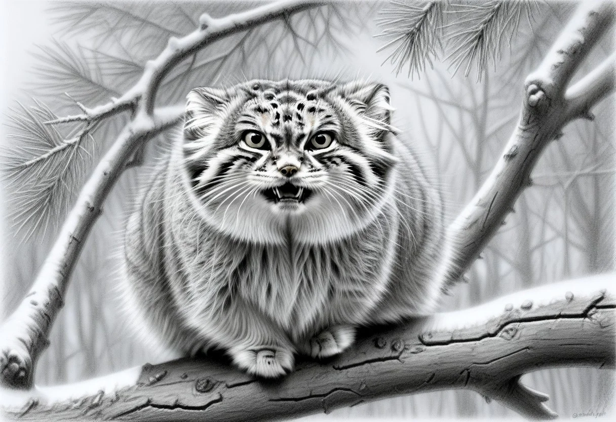 extreme closeup of an happy manul on a branch, Otocolobus manul, looking at viewer, happy, mouth open, background of pines and fir, dead bush, few snowy rocks, snow, light snowfall, tree trunks, Jed-Pen
