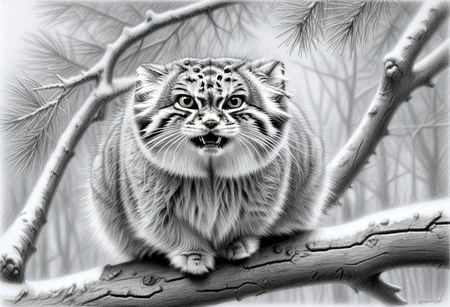 extreme closeup of an happy manul on a branch, Otocolobus manul, looking at viewer, happy, mouth open, background of pines and fir, dead bush, few snowy rocks, snow, light snowfall, tree trunks, Jed-Pen