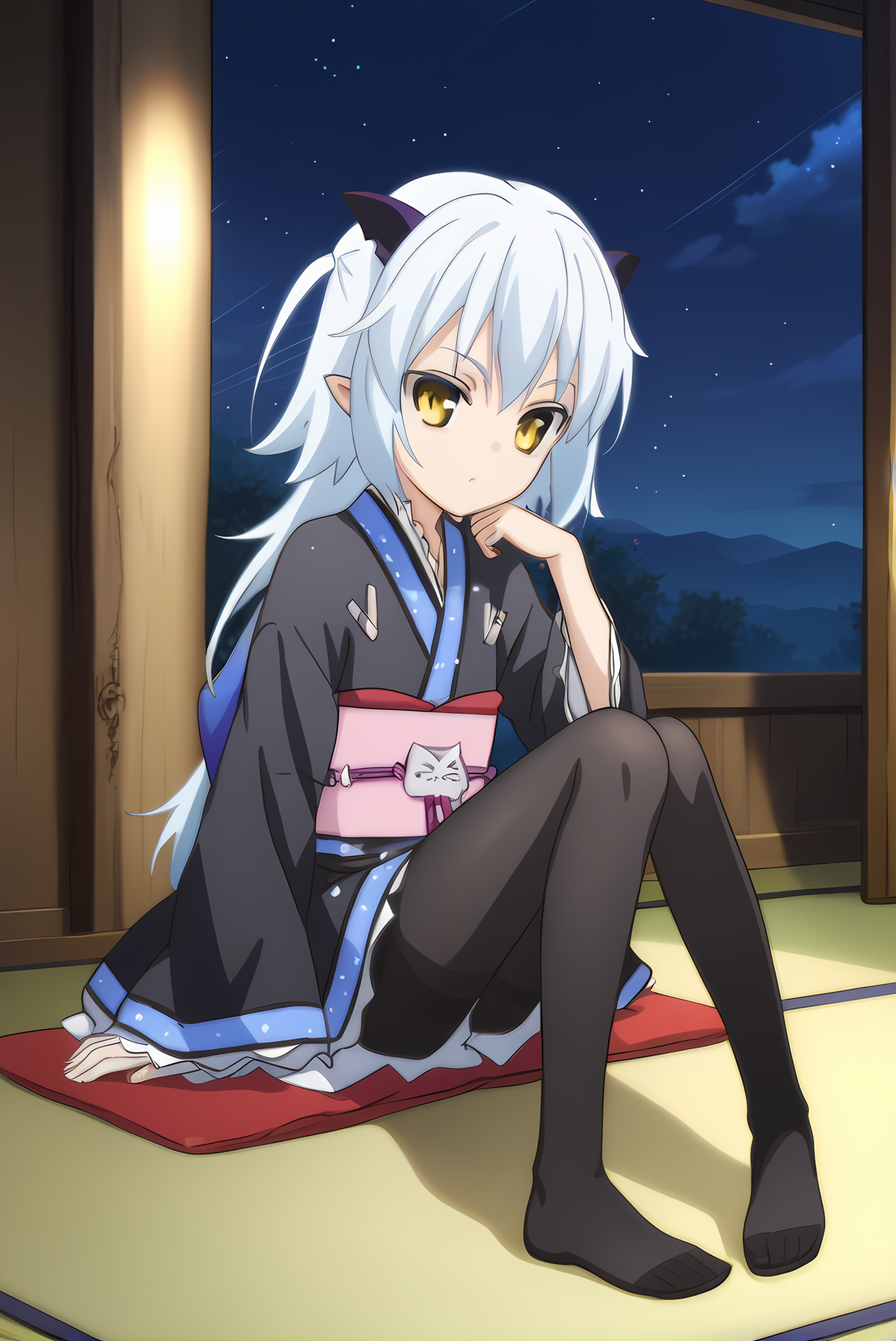 (black kimono pantyhose obi), mt-shiroyasha, white hair, yellow eyes, short horns, 1girl, solo, skinny, feet, (score_9, score_8, score_7), source_anime, , (night sky), (1.3::full body|sitting|standing|lying|0.6::close-up| :1.20), <lora:mt-shiroyasha-V01-000003:0.90>