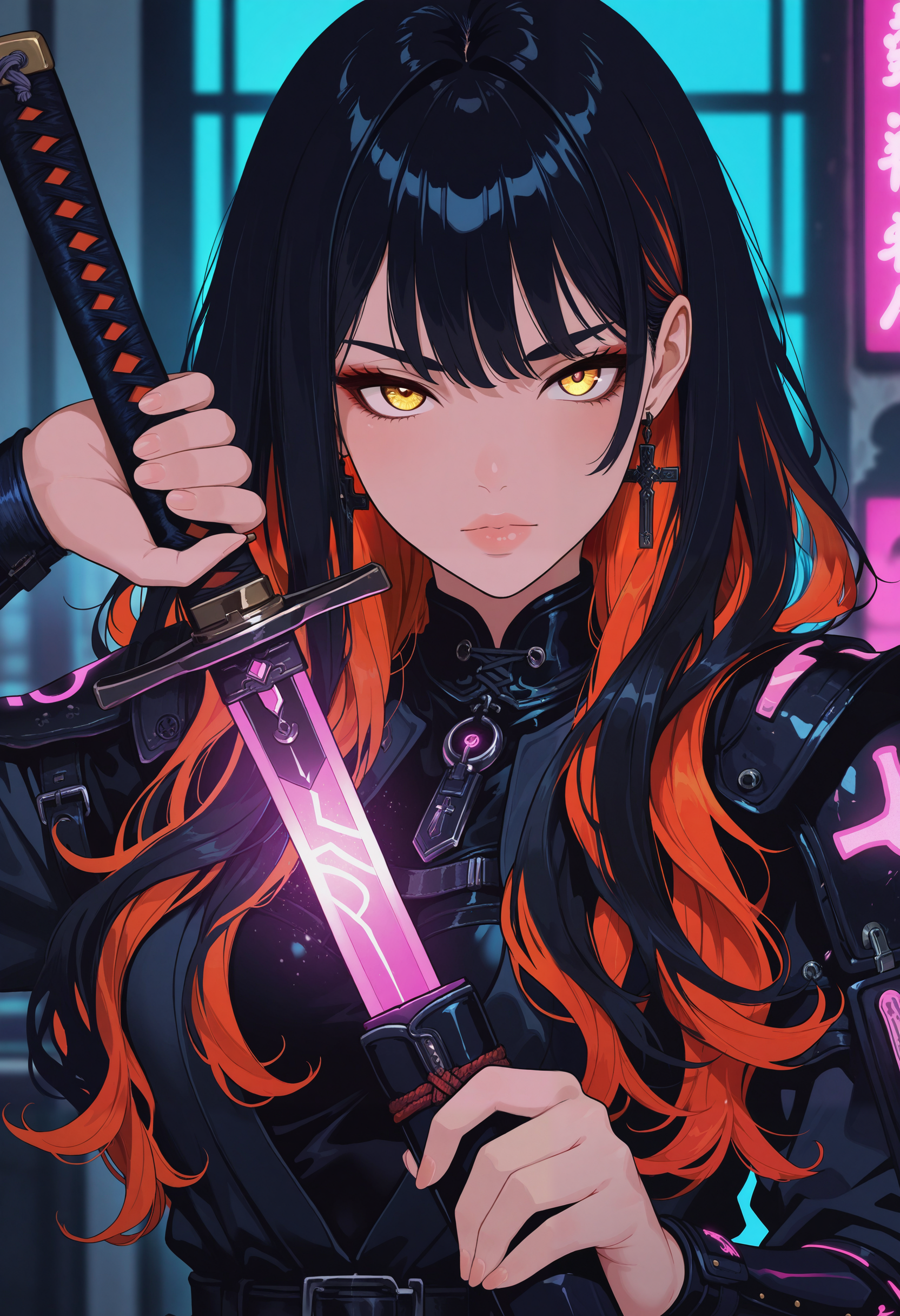 masterpiece, best quality, good quality, very aesthetic, absurdres, newest, 8K, depth of field, focused subject, medium close up, stylized, japanese art style, wabi-sabi, 1girl, 
holographic hair, neon light streaks, elegance, glowing henna and carmine, neon, sexy, erotic japanese female warrior, cross_draw, katana, sword_draw, iaido, one_hand_on_sheath, unsheathing, dramatic pose