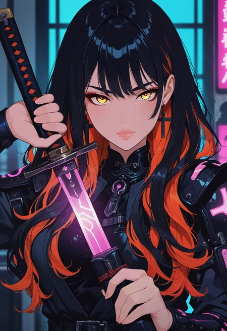 masterpiece, best quality, good quality, very aesthetic, absurdres, newest, 8K, depth of field, focused subject, medium close up, stylized, japanese art style, wabi-sabi, 1girl, 
holographic hair, neon light streaks, elegance, glowing henna and carmine, neon, sexy, erotic japanese female warrior, cross_draw, katana, sword_draw, iaido, one_hand_on_sheath, unsheathing, dramatic pose