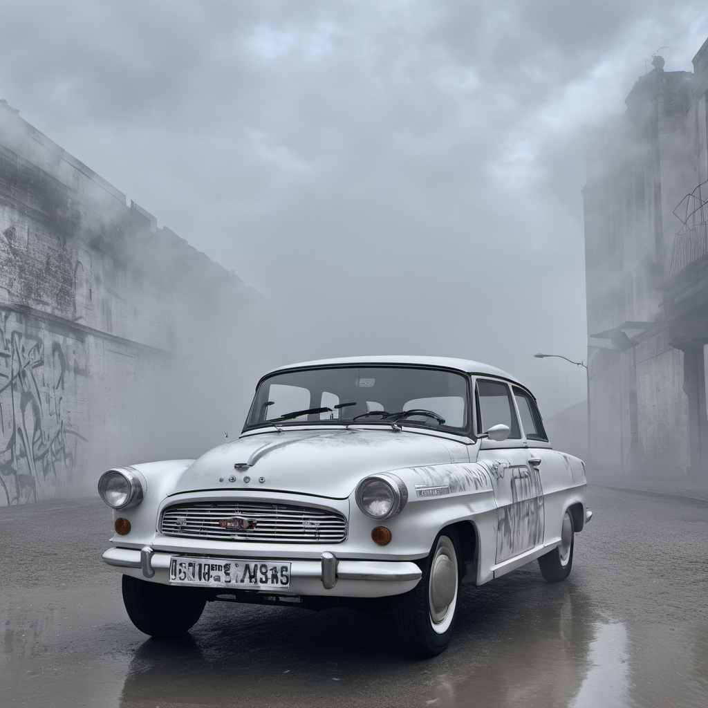 cinematic photo  <lora:SkodaFelicia-SDXL:1> <lora:Grit-SDXL:1> <lora:Cloudify-SDXL:1> (  front view:1.2), main focus (white graffiti paintwork car:1.3), grit, stains, dynamic view, cloudy sky, dusty road, volumetric lights, cinematic, mist, urban cyberpunk dystopian city,
 . 35mm photograph, film, bokeh, professional, 4k, highly detailed