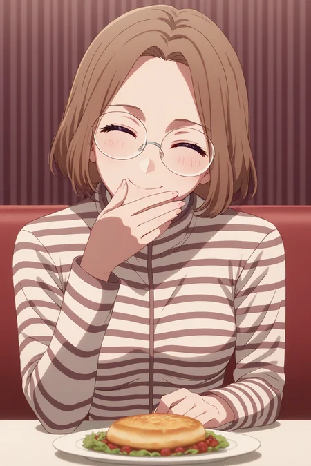 sscore_9, score_8_up, score_7_up, source_anime, 1girl, prefect lighting, very aesthetic, intricate details, highly detailed background, masterpiece, high quality, prefect hands, best quality, solo, 
<lora:Yoriko_Kichijouji_Oshi_No_Ko_V1:.85>, KJOyoriko, brown hair, purple eyes, medium hair, forehead, 
striped shirt, long sleeves, glasses, 
laughing, closed eyes, head tilt, blush, smile, hand over mouth,
restraunt, dinner,
(Beautiful, medium Breasts:1.2), natural breasts,