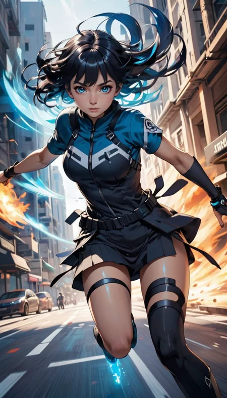 4n1v3rs3, (3d:1.4), computer graphic, CG art
A dynamic image depicts a young woman with short, black hair sprinting through a city street. She is dressed in a futuristic, form-fitting outfit that glows with blue energy patterns. Flames trail behind her, adding to the sense of speed and power. Her determined expression and intense focus convey her strength and resolve. The blurred cityscape in the background emphasizes her rapid movement and the energy emanating from her figure, (floating hair:1.4), enraged expression, (((clenched teeth))),
<lora:extremely_detailed:1> extremely detailed