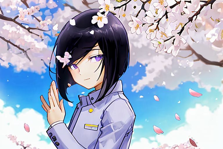 chin length black hair, purple eyes, 1boy, white uniform , cherry blossoms
