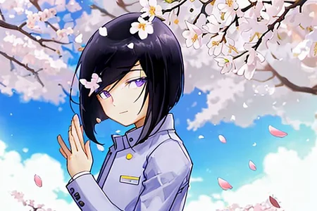 chin length black hair, purple eyes, 1boy, white uniform , cherry blossoms