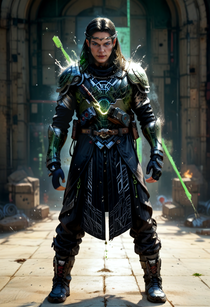 score_9, score_8_up, score_7_up, score_6_up, score_5_up, full body, 1boy, celebrimbor a thin elvish man, (long dark straight hair), fashion icon, in neo tokyo, digital painting art, beautiful green lighting, clear shadows, grunge rebel, hdr, dynamic fight portrait fullbody movement, digital painting, by concept art, illustration, best Artstation, splash art, by alphonse mucha and Todd McFarlane <lora:CelebrimborPony:0.75><lora:Chiaroscuro Lighting Style v3:1><lora:Fant5yP0ny:0.5><lora:add-detail-xl:0.65><lora:MJ52_v2.0:0.7><lora:Mechanism-pdxl-1:0.75>