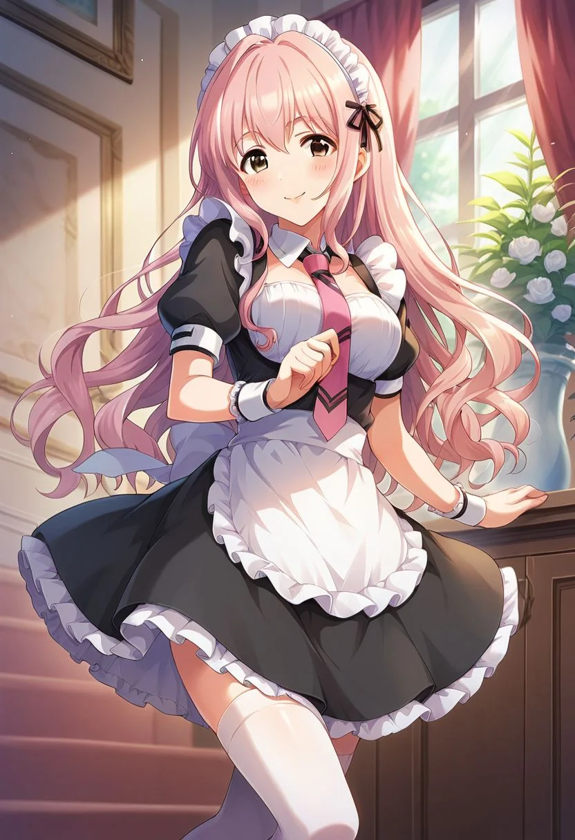 score_9, score_8_up, score_7_up,saionji kotoka, pink hair, brown eyes, 1girl, solo, maid, thighhighs, maid headdress, necktie, blush, apron, smile