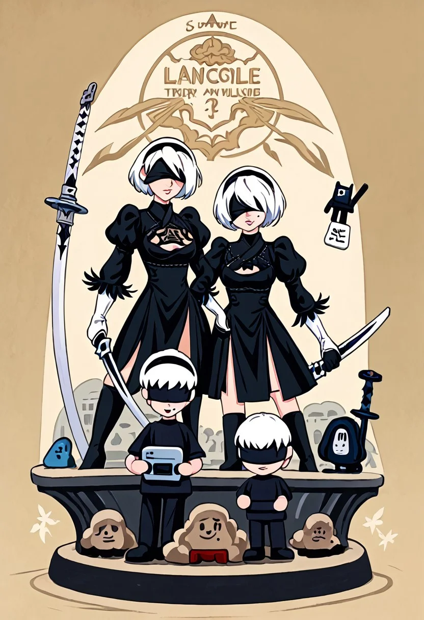 2b, yorha no. 2 type b, short hair, white hair, hairband, mole, black hairband, mole under mouth, blindfold, covered eyes, black blindfold,holding her katana in one hand and a handheld balance scale in the other. Posing (full body)like the statue of Lady Justice.