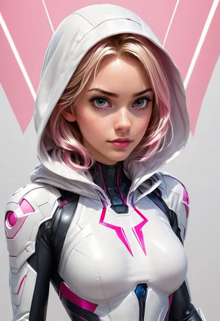 Belle, Gwen Stacy, Spidergwen, powered futuristic outfit, white and pink outfit, white hood on shoulders, webslinger pose, style of stanley artgerm, artgerm style, white background, simple background