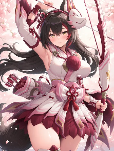 mizutsune gunner armor, 1girl, solo, fox tail, fox ears, black hair, yellow eyes, hair between eyes, multicolored hair, streaked hair, red hair, long hair, bow \(weapon\), holding bow \(weapon\), looking at viewer, armpits, smile, large breasts, closed mouth, simple background, arm up, pink hairband, white kimono dress, pink sash bow, white detached sleeves, white vambraces, white thigh boots, quiver, arrow \(projectile\), holding arrow \(projectile\),cherry blossoms,
masterpiece,best quality,amazing quality,very aesthetic,absurdres,newest,<lora:Mizutsune Armor Beta illuXL v1:0.95>,