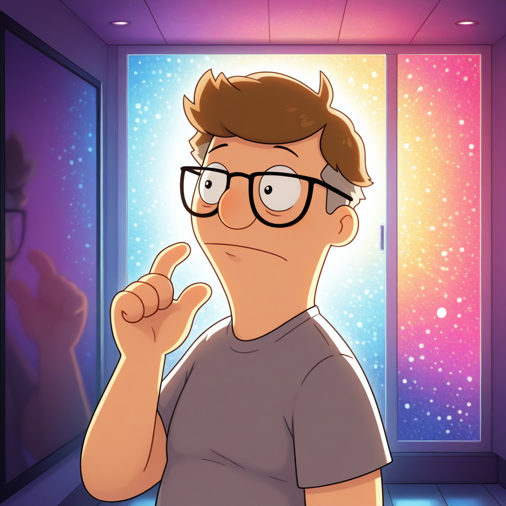 ((masterpiece, amazing_quality, colorful, detailed background, vibrant, very aesthetic, luminous lighting)), (toon \(style\):0.4), <lora:bb-mort-09:1> bb-mort, 1boy, male focus, (plump:0.5), glasses, solo, reflection,