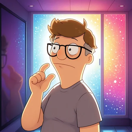 ((masterpiece, amazing_quality, colorful, detailed background, vibrant, very aesthetic, luminous lighting)), (toon \(style\):0.4), <lora:bb-mort-09:1> bb-mort, 1boy, male focus, (plump:0.5), glasses, solo, reflection,